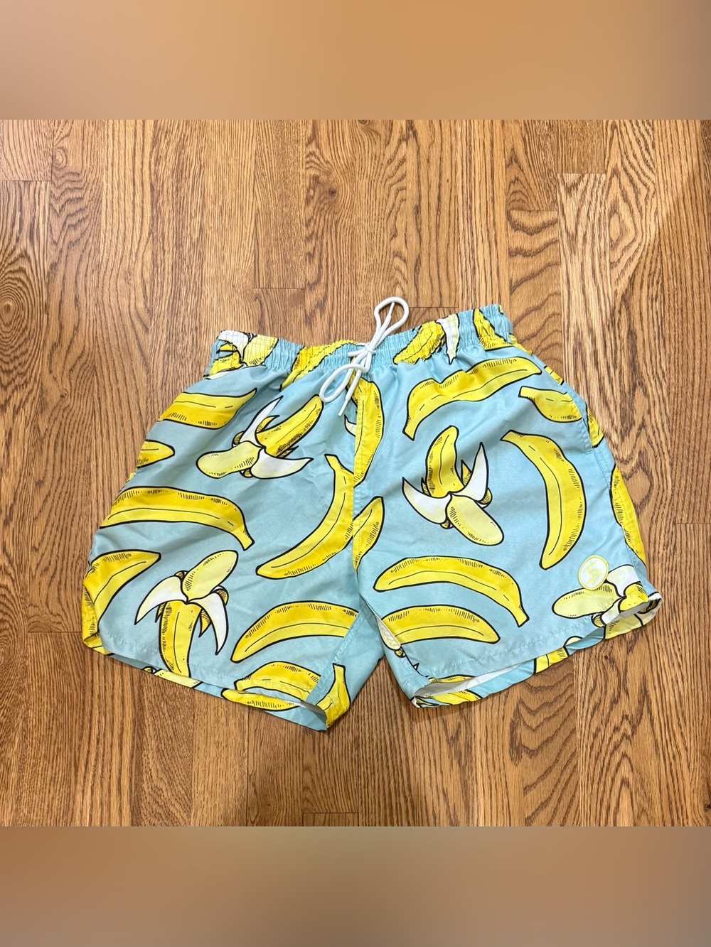 Light Blue Banana-Print Men's Swim Trunks with Drawstring
